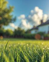 A sunny day highlighting lush green grass in a residential backyard photo