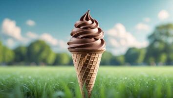 a delicious chocolate mousse ice cream cone on a sunny day in a tranquil park setting photo