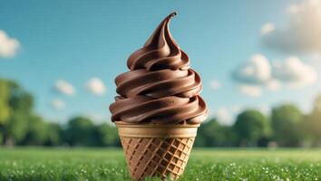 a delicious chocolate mousse ice cream cone on a sunny day in a tranquil park setting photo