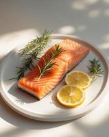 Fresh salmon fillet garnished with rosemary and lemon slices showcasing vibrant colors and textures in a sunlit setting photo