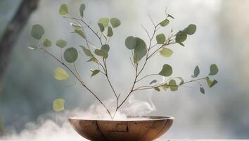 Eucalyptus branches hovering over a steaming wooden bowl in a serene outdoor setting photo