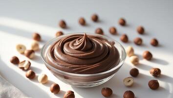 Creamy chocolate hazelnut spread served in a glass bowl with whole and chopped hazelnuts around photo