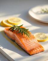Fresh salmon fillet garnished with rosemary and lemon slices showcasing vibrant colors and textures in a sunlit setting photo