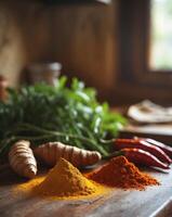 Fresh Turmeric and Chili Spices on Rustic Kitchen Counter photo