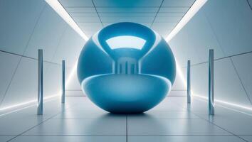 Futuristic room with a large blue sphere in the center photo