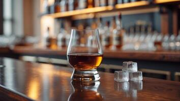 Classic whisky glass with ice in elegant bar setting photo