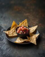 Crispy tortilla chips served with fresh salsa on a dark textured background photo