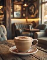 Enjoying a creamy cinnamon latte with aromatic spices in a cozy coffee shop setting photo