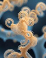Abstract microscopic image of marine microorganisms with golden and blue hues in their unique structures photo
