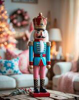 Colorful Nutcracker Figure in Festive Living Room Setting photo