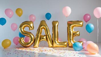 Golden foil balloons spelling SALE with colorful balloons and confetti create festive atmosphere for promotional events photo