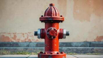A red fire hydrant sitting on a brick wall photo