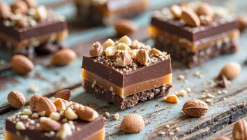 Chocolate bars with nuts and nuts on a wooden table photo