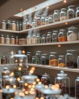 A shelf filled with jars and spices photo