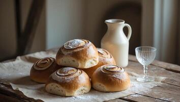 Buns with powdered sugar on a table next to a glass of milk photo
