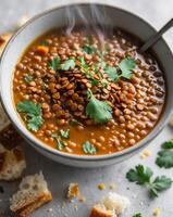 A bowl of lentil soup with a spoon and a spoonful of bread photo