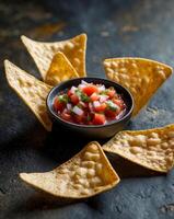 Tortilla chips with salsa on a dark background photo