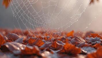 A spider web is covered with dew on the ground photo