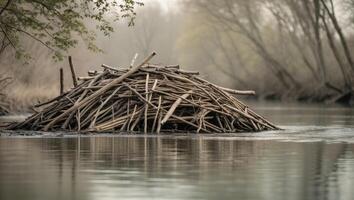 A large pile of sticks in the water photo