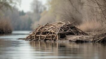 A large pile of sticks on the side of a river photo