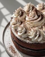 A chocolate cake with whipped cream on top photo