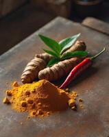 Tumeric, chili and ginger on a table photo