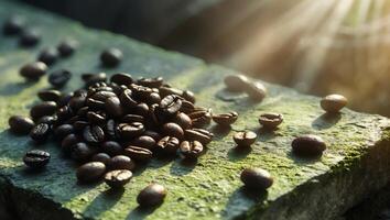 Coffee beans on a stone surface with sunlight shining through photo