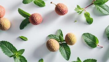 Fresh lychees and mint leaves arranged on a white surface for a vibrant food presentation photo
