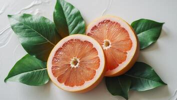 Bright grapefruit halves with vibrant colors and green leaves situated on a light background photo