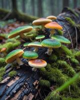 Close Up of Decaying Log Covered in Various Types of Fungi and Moss photo
