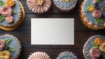 Flat Lay of Decorative Cakes with Text Space on Dark Wood photo