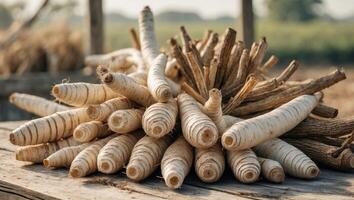Freshly harvested yucca roots arranged on a rustic wooden table showcasing their earthy tones and natural textures in a farm setting photo
