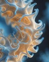 Abstract microscopic image of marine microorganisms with golden and blue hues in their unique structures photo