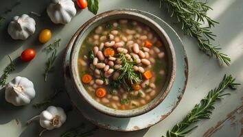 Delicious and Hearty Bean Soup with Fresh Vegetables and Herbs Served in Rustic Bowl on Wooden Table Surrounded by Garlic and Fresh Ingredients photo