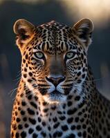 A close encounter with a majestic leopard showcasing its striking features at twilight photo