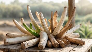 Freshly harvested yucca roots arranged on a rustic wooden table showcasing their earthy tones and natural textures in a farm setting photo