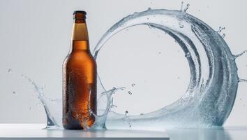 Bottle of beer is sitting on a table with water splashing around it photo