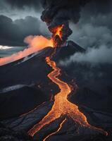 Erupting Volcano With Glowing Lava Flowing Down photo