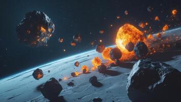 A stunning collision of asteroids dramatically impacts Earth in the depths of space during a vibrant cosmic event photo