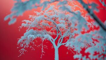 A red background with a tree and snow on it photo