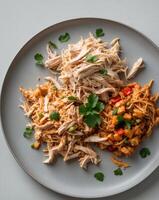 Elegant Plate with Two Styles of Shredded Chicken Designed for Culinary Inspiration and Meal Prep Versatility photo