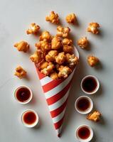 Crispy popcorn chicken bites served in paper cone with sauces photo