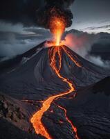 Erupting Volcano With Glowing Lava Flowing Down photo