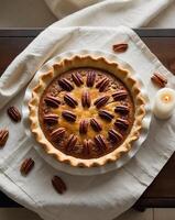 Classic Pecan Pie with a Golden Buttery Crust on Elegant Table Setting photo