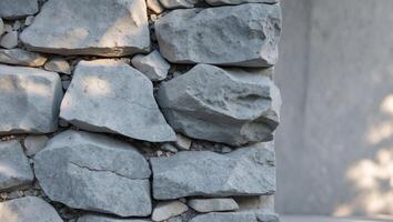 a rough stone wall made of irregular gray stones with natural textures and uneven surfaces in a rustic outdoor setting photo