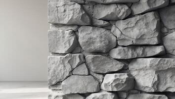 a textured stone wall composed of weathered gray rocks with uneven shapes and rough edges evoking a natural and rustic feel photo