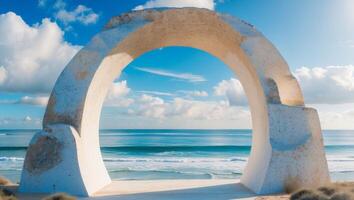 Stone arch sculpture framing scenic ocean view on sunny day photo