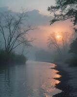 Serene Riverbank at Sunset with Soft Gradient Tones photo