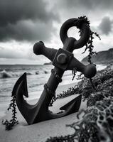 Rusty anchor on seaside covered with seaweed and waves in moody atmosphere photo
