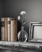 Rustic Wooden Shelf Decorated With Books Vase And Frame photo